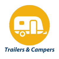 camper trailer silhouette yellow button icon