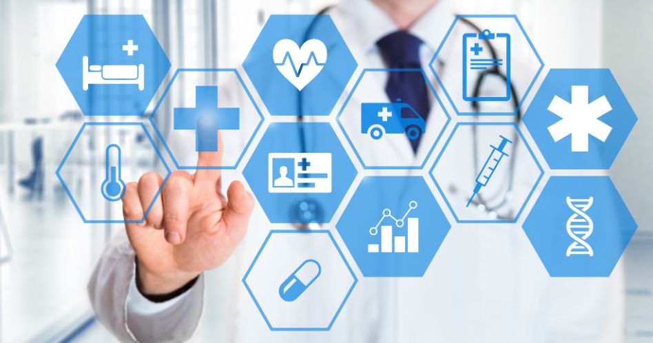 medical doctor touching icons of healthcare services on screen 948x498